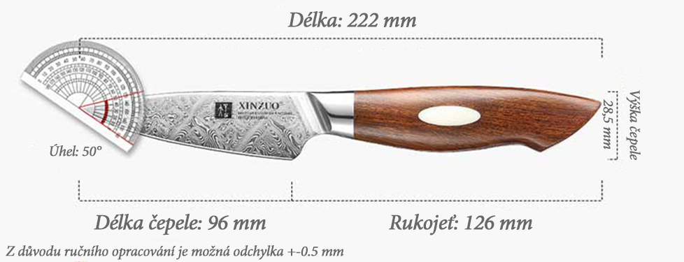Rozměry nože na loupání XinZuo B46D